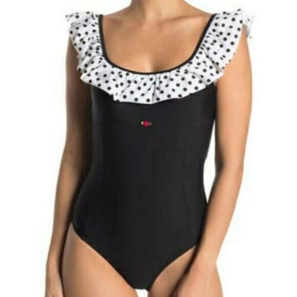 Betsey Johnson Dots Amore One piece Swimsuit, Black/ White, Size Medium - Picture 1 of 9